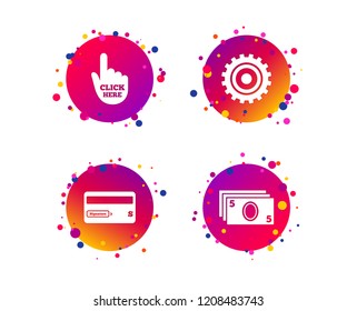 ATM cash machine withdrawal icons. Insert bank card, click here and check PIN, processing and get cash symbols. Gradient circle buttons with icons. Random dots design. Vector