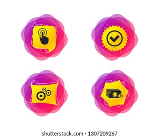 ATM cash machine withdrawal icons. Click here, check PIN number, processing and cash withdrawal symbols. Geometric gradient sales shapes. Creative banners. Template for design. Vector