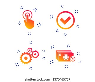 ATM cash machine withdrawal icons. Click here, check PIN number, processing and cash withdrawal symbols. Random dynamic shapes. Gradient money icon. Vector