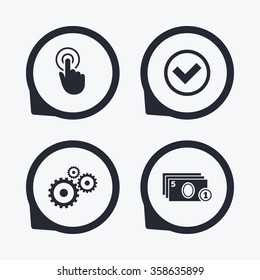 ATM cash machine withdrawal icons. Click here, check PIN number, processing and cash withdrawal symbols. Flat icon pointers.