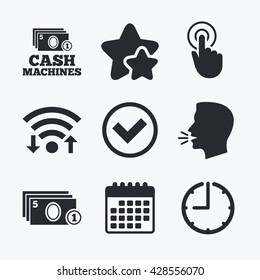 ATM cash machine withdrawal icons. Click here, check PIN number, processing and cash withdrawal symbols. Wifi internet, favorite stars, calendar and clock. Talking head. Vector