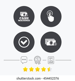 ATM Cash Machine Withdrawal Icons. Click Here, Check PIN Number, Processing And Cash Withdrawal Symbols. Chat, Award Medal And Report Linear Icons. Star Vote Ranking. Vector