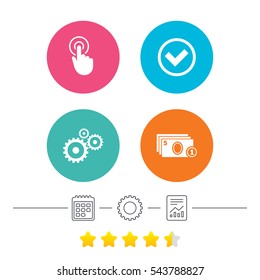 ATM cash machine withdrawal icons. Click here, check PIN number, processing and cash withdrawal symbols. Calendar, cogwheel and report linear icons. Star vote ranking. Vector