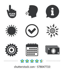 ATM cash machine withdrawal icons. Click here, check PIN number, processing and cash withdrawal symbols. Information, go to web and calendar icons. Sun and loud speak symbol. Vector