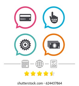 ATM cash machine withdrawal icons. Insert bank card, click here and check PIN, processing and get cash symbols. Calendar, internet globe and report linear icons. Star vote ranking. Vector