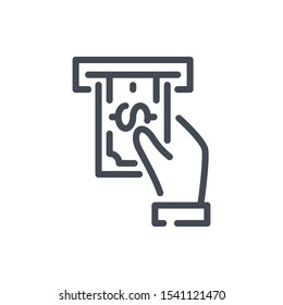 ATM cash out and cash in line icon. Hand with dollar note vector outline sign.