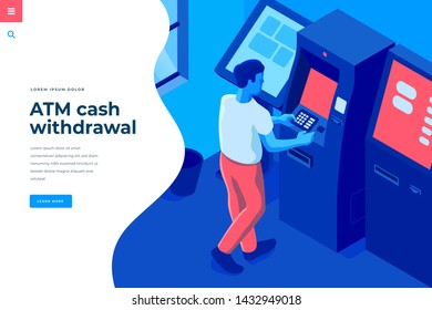 ATM cash withdrawal isometric vector illustration for landing page header template or web banner with copy space for text. Male character customer standing in bank room interact with atm machine.