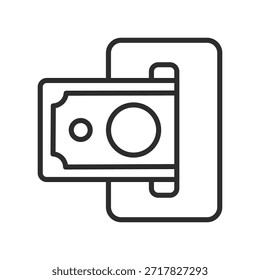 VECTOR de retiro de efectivo de cajero automático Icono de factura de dinero que ingresa a la ranura de la máquina para la transacción bancaria, el pago financiero y el flujo de divisas
