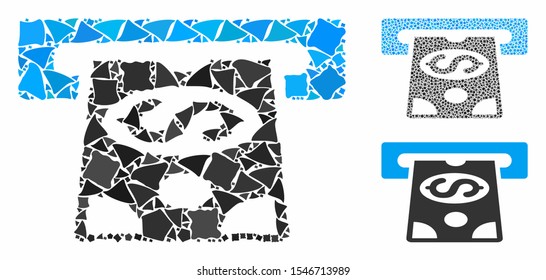 ATM cashout composition of inequal elements in various sizes and shades, based on ATM cashout icon. Vector inequal pieces are grouped into collage. ATM cashout icons collage with dotted pattern.