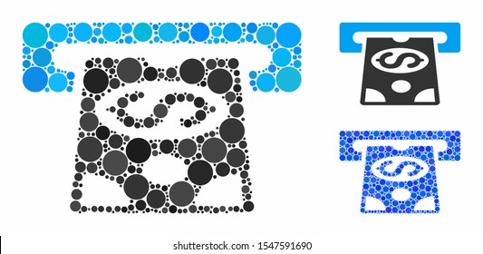 ATM cashout composition of round dots in variable sizes and color tinges, based on ATM cashout icon. Vector round dots are composed into blue collage.