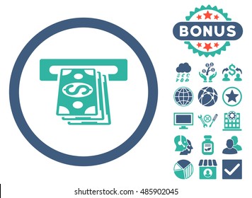Atm Cashout icon with bonus design elements. Vector illustration style is flat iconic bicolor symbols, cobalt and cyan colors, white background.