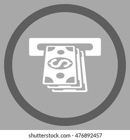 Atm Cashout vector bicolor rounded icon. Image style is a flat icon symbol inside a circle, dark gray and white colors, silver background.