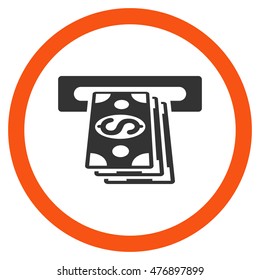 Atm Cashout vector bicolor rounded icon. Image style is a flat icon symbol inside a circle, orange and gray colors, white background.