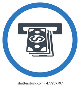 Atm Cashout vector bicolor rounded icon. Image style is a flat icon symbol inside a circle, smooth blue colors, white background.