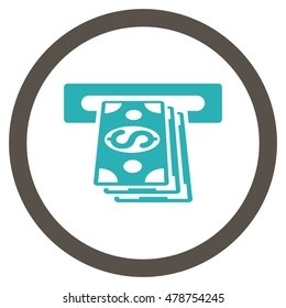 Atm Cashout vector bicolor rounded icon. Image style is a flat icon symbol inside a circle, grey and cyan colors, white background.