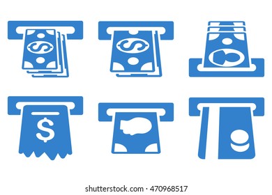 ATM Cashpoint vector icons. Pictogram style is cobalt flat icons with rounded angles on a white background.