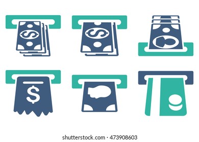 ATM Cashpoint vector icons. Pictogram style is bicolor cobalt and cyan flat icons with rounded angles on a white background.
