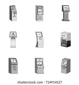 ATM, coffee machine, information apparatus and other types of terminals. Terminals set collection icons in monochrome style isometric vector symbol stock illustration web.