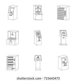ATM, coffee machine, information apparatus and other types of terminals. Terminals set collection icons in outline style isometric vector symbol stock illustration web.