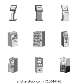 ATM, coffee machine, information apparatus and other types of terminals. Terminals set collection icons in monochrome style isometric vector symbol stock illustration web.