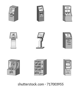 ATM, coffee machine, information apparatus and other types of terminals. Terminals set collection icons in monochrome style isometric vector symbol stock illustration web.