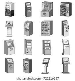ATM, coffee machine, information apparatus and other types of terminals. Terminals set collection icons in monochrome style isometric vector symbol stock illustration web.