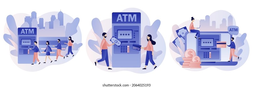 ATM concept. Tiny people waiting in line near atm machine holding credit card and money. Banking terminal. Online payment. Modern flat cartoon style. Vector illustration on white background