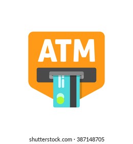 ATM credit card sign vector illustration, cash machine inserting credit card, atm sign, electronic device, flat icon, modern simple design isolated on white red background