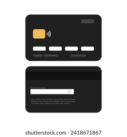 Atm credit and debit card with front and back sides. Black plastic bank card isolated on white background. Banking, finance, money and payment concept. Colored flat vector illustration