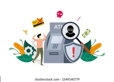 ATM cyber crime concept, robber hack an ATM, hacking detected, phishing alert messages with small people vector flat illustration, suitable for background, banner, ui, ux