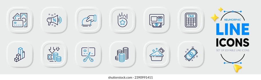 Atm, Donate and Coins line icons for web app. Pack of Launder money, Payment, Tax calculator pictogram icons. Deflation, Bankrupt, Loyalty star signs. Money, 3d chart, Sale megaphone. Vector