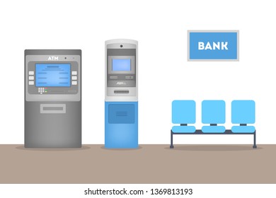 Caixas eletrônicos no escritório vazio. Fazendo transação de dinheiro na máquina automática. Operação com moeda. Ilustração de vetor plano