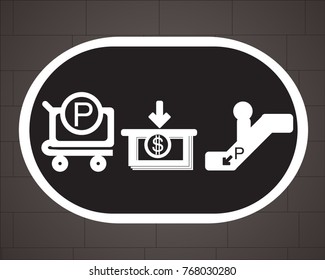 ATM, escalator, Cart purchasing, icons, signs,Clean vector EPS10. Background brick wall