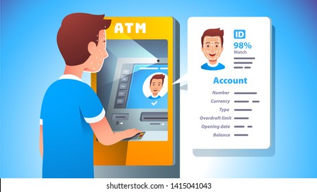 ATM face recognition concept. Man using cash machine unlocking account using secure facial biometric data scan authentication with modern AI match technology system. Flat vector character illustration