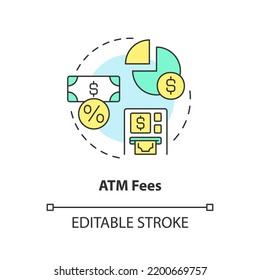 ATM Fees Concept Icon. Payment For Withdraw. Choosing Credit Union Abstract Idea Thin Line Illustration. Isolated Outline Drawing. Editable Stroke. Arial, Myriad Pro-Bold Fonts Used