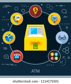 Atm flat icons concept. Vector illustration. Element template for design.