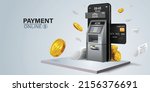 ATM in front of mobile phone and credit card inserted into mobile phone.Mobile finance application concept.
payment without atm and no bank required.
Banking app for shopping and bill payment.