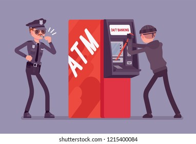 ATM hacking crime. Automated teller machine under a threat, attack by a criminal, masked man, police taking security protection measures against a fraud. Vector flat style cartoon illustration