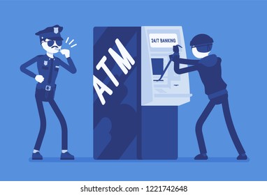 ATM Hacking Crime. Automated Teller Machine Under A Threat, Attack By A Criminal, Masked Man, Police Taking Security Protection Measures Against A Fraud. Vector Illustration With Faceless Characters