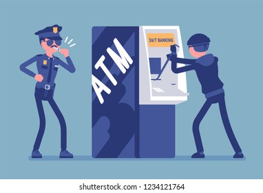 ATM hacking crime. Automated teller machine under a threat, attack by a criminal, masked man, police taking security protection measures against a fraud. Vector illustration with faceless characters