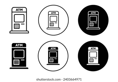Atm icon. automated teller machine electronic banking outlet to withdraw through credit or debit card transaction at atm branch logo symbol set. finance banking cash withdrawal machine vector