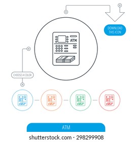 ATM icon. Automatic cash withdrawal sign. Line circle buttons. Download arrow symbol. Vector