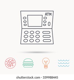 ATM icon. Automatic cash withdrawal sign. Global connect network, ocean wave and burger icons. Lightbulb lamp symbol.