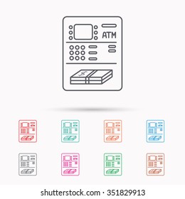 ATM icon. Automatic cash withdrawal sign. Linear icons on white background.