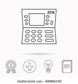 ATM icon. Automatic cash withdrawal sign. Download arrow, lamp, learn book and award medal icons.