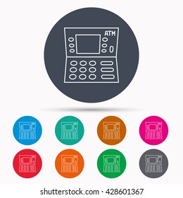 ATM icon. Automatic cash withdrawal sign. Icons in colour circle buttons. Vector