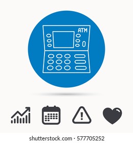 ATM icon. Automatic cash withdrawal sign. Calendar, attention sign and growth chart. Button with web icon. Vector