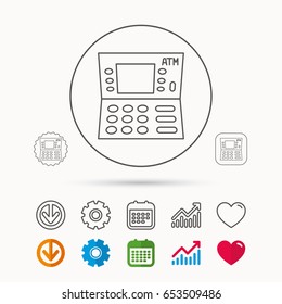 ATM icon. Automatic cash withdrawal sign. Calendar, Graph chart and Cogwheel signs. Download and Heart love linear web icons. Vector