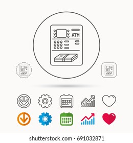 ATM icon. Automatic cash withdrawal sign. Calendar, Graph chart and Cogwheel signs. Download and Heart love linear web icons. Vector