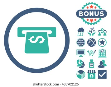Atm icon with bonus design elements. Vector illustration style is flat iconic bicolor symbols, cobalt and cyan colors, white background.